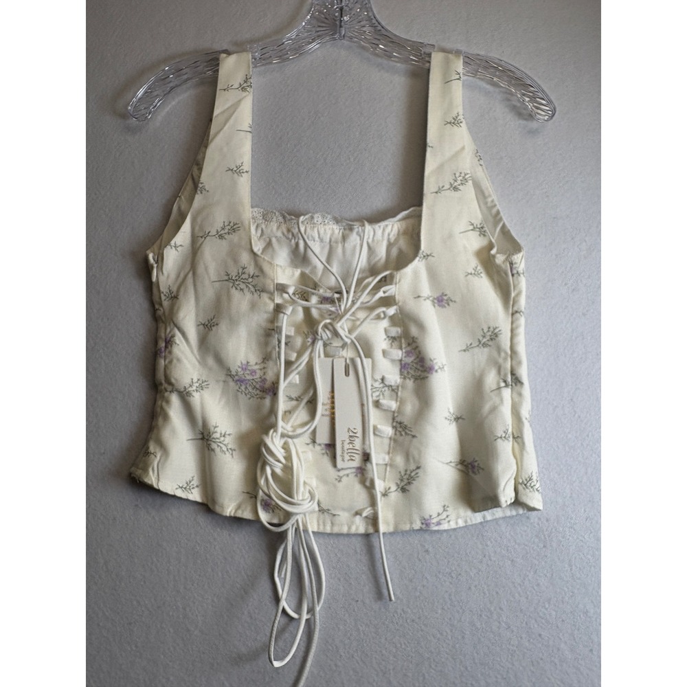 2bella Boutique Floral Lace Up Corset Top Cream Purple Cottagecore NWT Medium - Picture 5 of 12